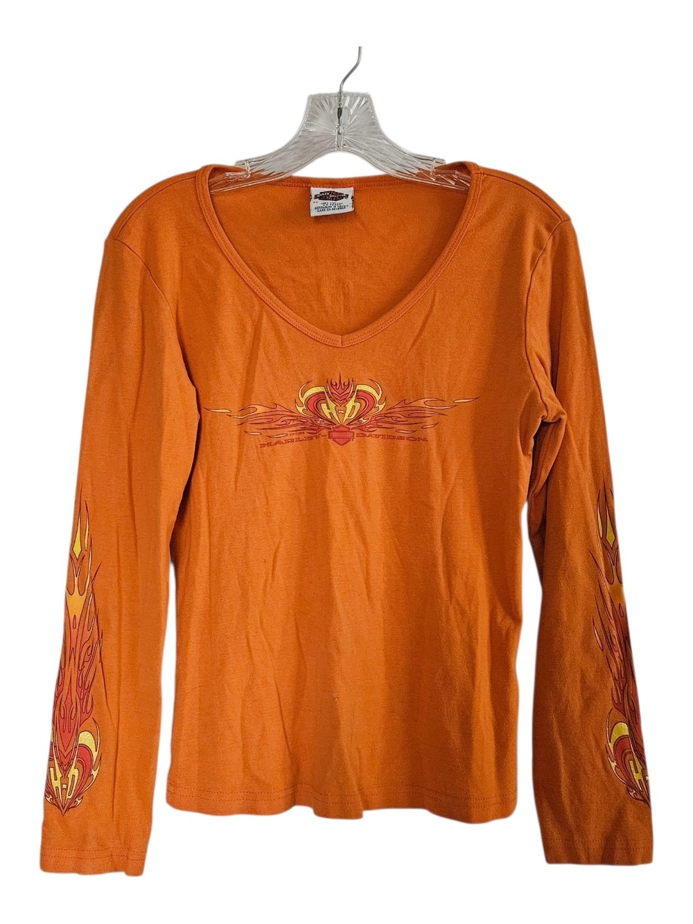 Graphic Flame Long-Sleeve V-Neck Top - Orange Harley-Davidson Vtg Y2K 2006 XL